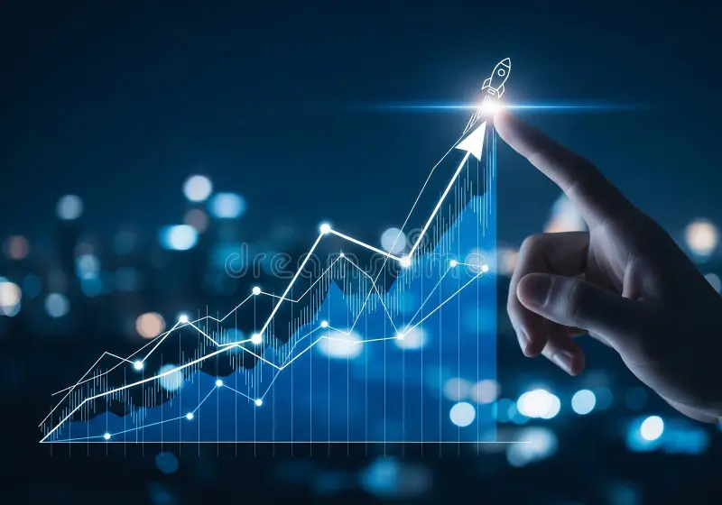 reaching success growth chart hand pointing upward points to rising symbolizing progress achieving goals business 420825915